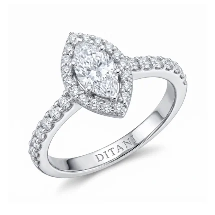 Silver ring with a large central diamond surrounded by a halo of small diamonds on a pavé band, shown against a white background.