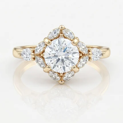 Yellow gold engagement ring with a large round center diamond encircled by a halo of smaller diamonds.