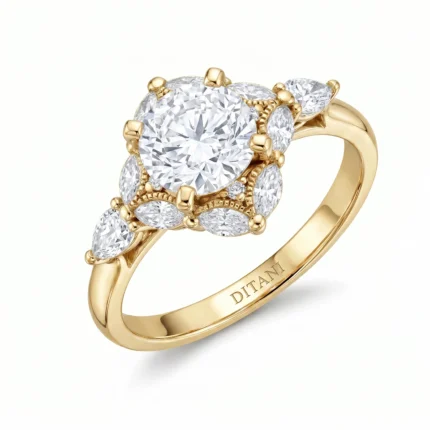 Gold ring with a large central round diamond surrounded by marquise-cut diamonds in a floral halo; band engraved DITANI.