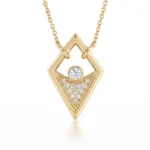 Gold geometric pendant necklace with a diamond-studded triangular inset and a central round diamond, on a chain.