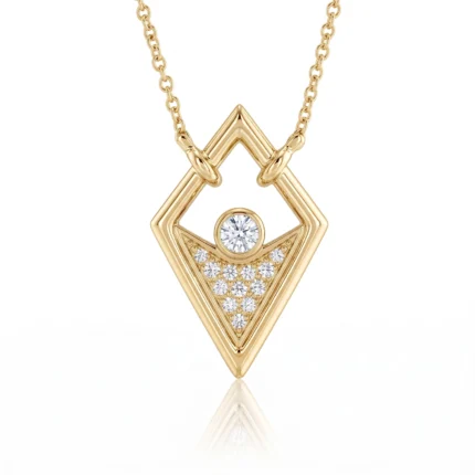 Gold geometric pendant necklace with a diamond-studded triangular inset and a central round diamond, on a chain.