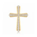 Gold cross pendant studded with diamonds along the arms, on a white background, vertical orientation.