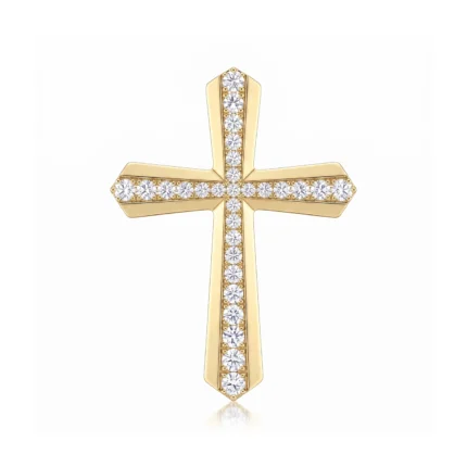 Gold cross pendant studded with diamonds along the arms, on a white background, vertical orientation.