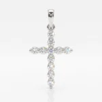 Cross-shaped pendant in polished silver with evenly spaced diamonds, photographed against a white background to highlight sparkle and shine.