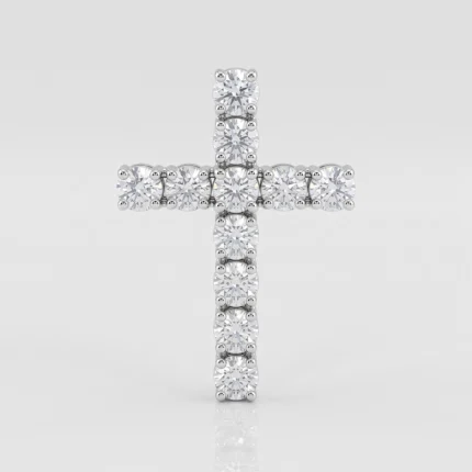 Diamond cross pendant with round-cut diamonds set in silver metal.