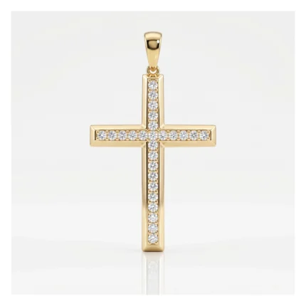 Gold cross pendant encrusted with diamonds, hanging from a gold bail.