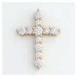 Diamond-studded gold cross pendant with round brilliant-cut stones on a white background
