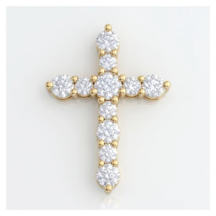 Diamond-studded gold cross pendant with round brilliant-cut stones on a white background