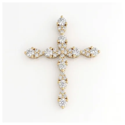 Gold cross pendant encrusted with diamonds on a pale background