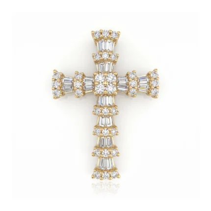 Gold cross pendant encrusted with diamonds, ornate jewelry design on a white background