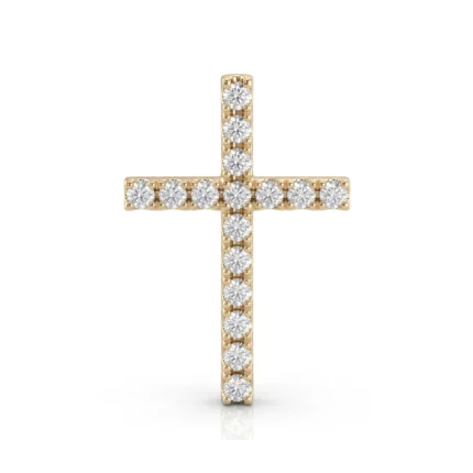 Gold cross pendant studded with diamonds on a white background
