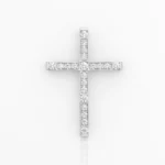 Diamond-studded cross pendant with white-gold setting on a plain white background, shown vertically with a small bail at the top and a reflective base below.