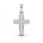 Sterling silver cross pendant encrusted with square-cut diamonds, hanging from a bail against a white background
