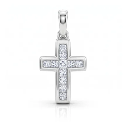Sterling silver cross pendant encrusted with square-cut diamonds, hanging from a bail against a white background