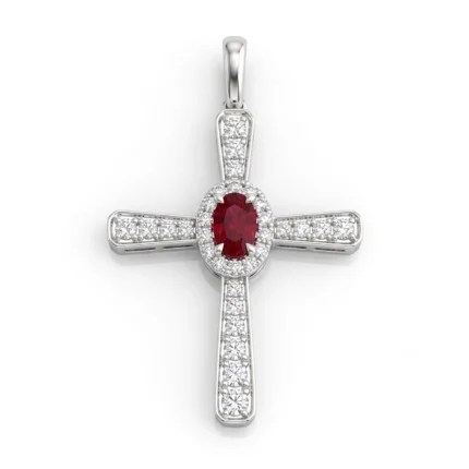 Cross-shaped pendant in white metal with a central red gemstone surrounded by a halo of small diamonds