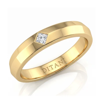 Gold band with a single square-cut diamond set flush into the top of the ring, interior engraving says DITANI