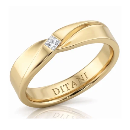 Gold ring with a square-cut diamond set in a polished, curved band; inner engraving reads DITANI