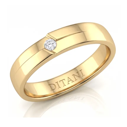 Gold band ring with a single diamond set in the top, inner engraving reads 'DITANI'