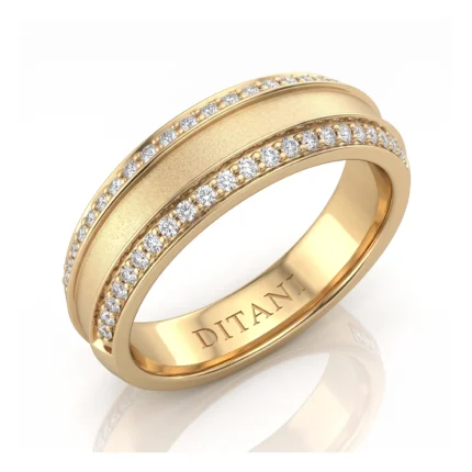 Gold ring featuring two parallel bands with diamond accents along the edges and a textured central band; inner engraving reads DITANI.