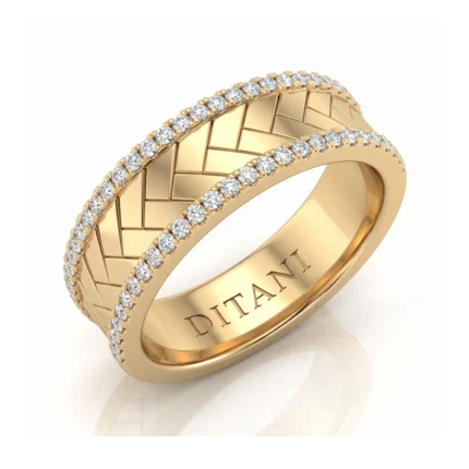 Gold ring with two diamond-edged bands and a chevron-patterned inner band, engraved DITANI on the inside