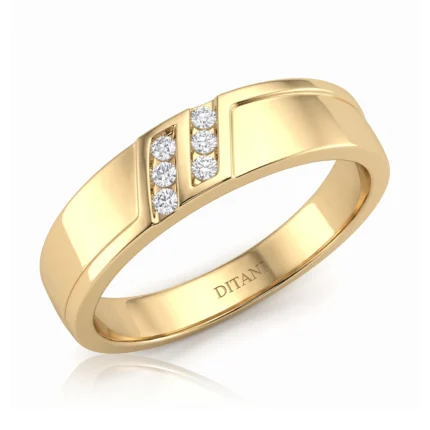 Gold band ring with diamonds set in two narrow inlays and 'DITANI' engraved inside.