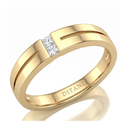 Gold men's/women's band ring with a single square-cut diamond set flush in the band, inner engraving reads DITANI