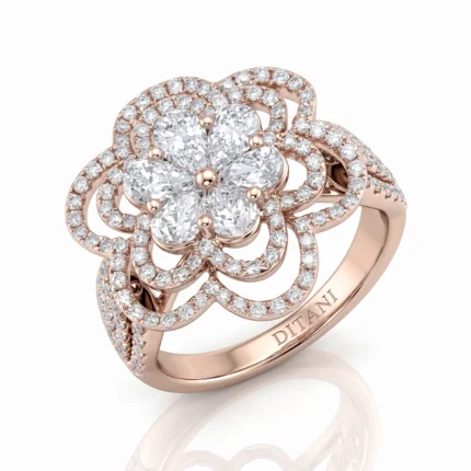 Rose-gold ring with a diamond flower centerpiece surrounded by pavé diamonds on looping bands.