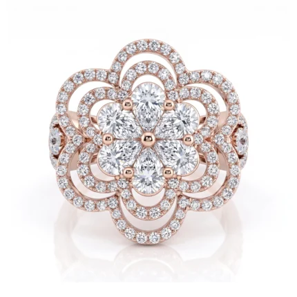 Rose gold ring with a large diamond flower motif encrusted with smaller diamonds.