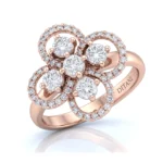 Rose gold ring with a four-diamond flower centerpiece and diamond halos along the surrounding loops.