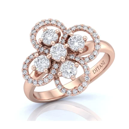 Rose gold ring with a four-diamond flower centerpiece and diamond halos along the surrounding loops.