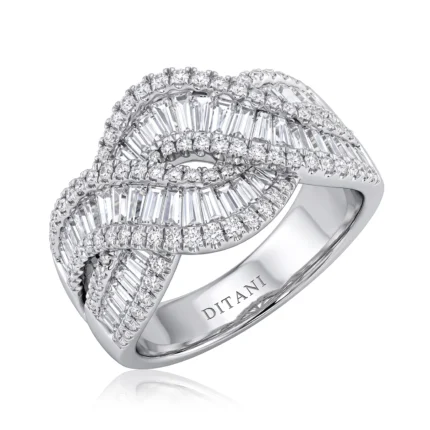 Elegant diamond ring with interwoven bands and prong-set stones on a white gold band (DITANI)