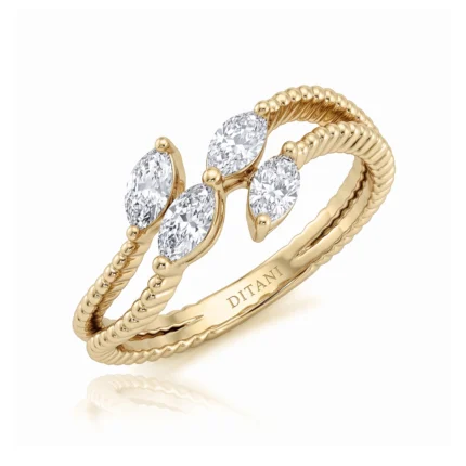 Gold ring with three marquise-cut diamonds in a curved row, rope-textured bands, DITANI engraving inside
