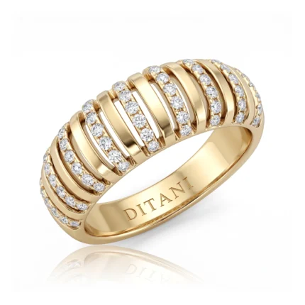 Gold multi-band ring with rows of diamonds and 'DITANI' engraving inside surface area.