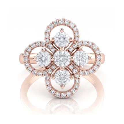 Rose gold ring with a diamond flower motif: center diamonds surrounded by halo petals and smaller stones set in loops.