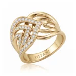 Gold ring with intertwined bands and diamond pavé accents, featuring a leaf-like openwork design and 'DITANI' engraved inside.