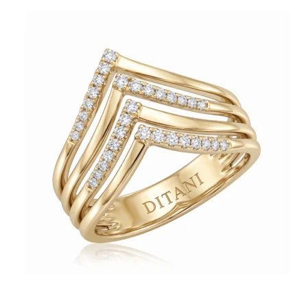 Gold multi-band ring with row of small diamonds and 'DITANI' engraving on the inner band, elegant jewelry product visual