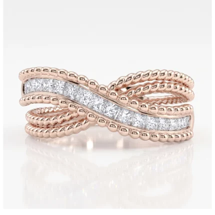 Rose gold multi-band bracelet with beaded edges and a central row of square-cut diamonds