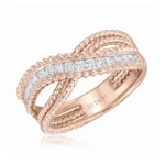 Rose gold ring with braided rope bands and a center row of diamonds, engraved DITANI on the inside.
