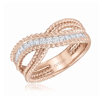 Rose gold ring with braided rope bands and a center row of diamonds, engraved DITANI on the inside.