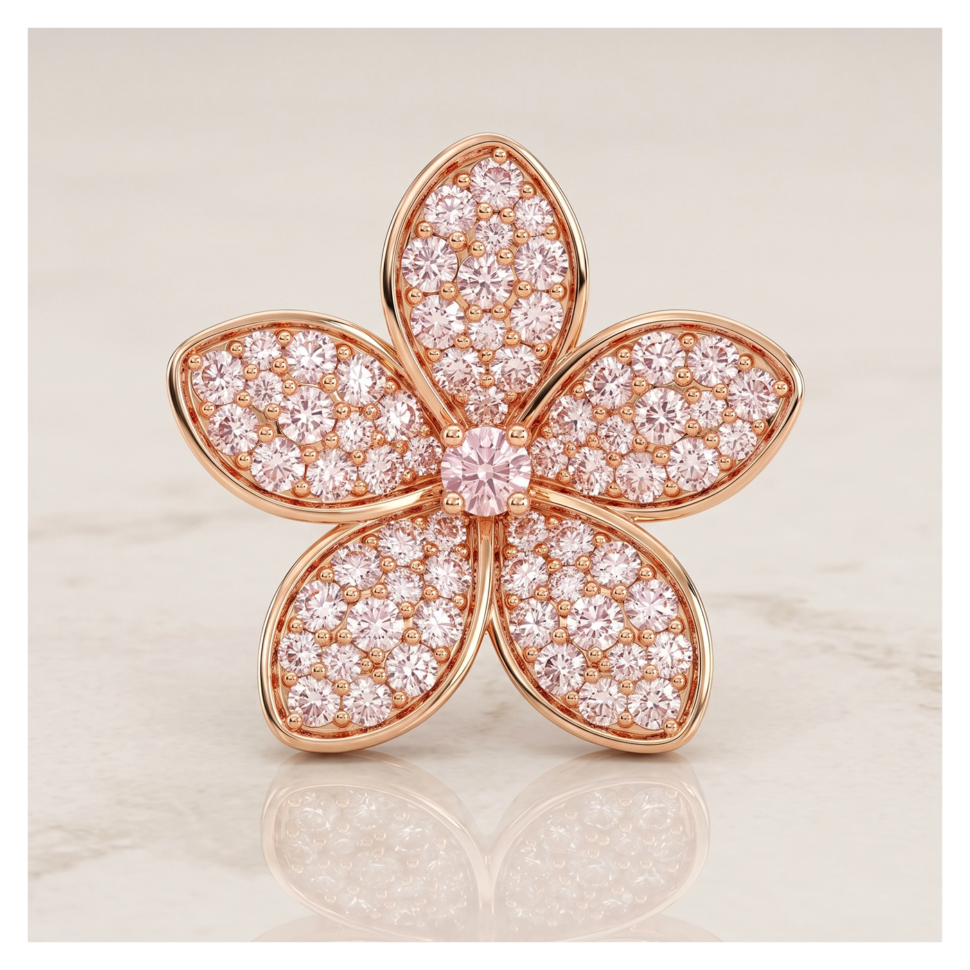 Висулка цвете с розови диаманти DITANI - DITANI Rose-gold flower-shaped brooch encrusted with pink stones, on a pale background (product image).