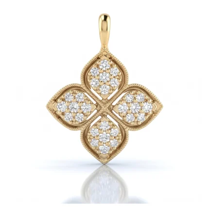 Gold four-leaf clover pendant set with pavé diamonds, hanging from a loop (bail).