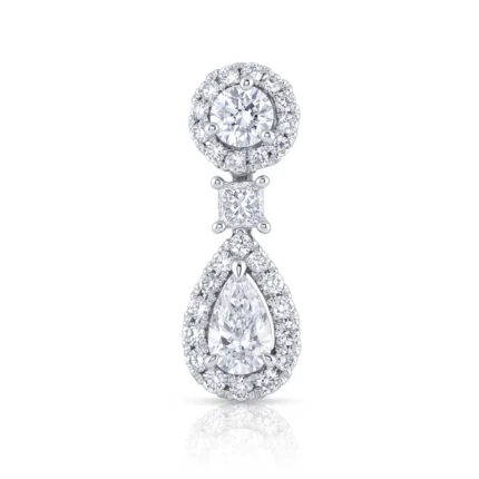 Diamond halo pendant with a round center diamond, a square-cut mid-section, and a teardrop halo drop set in white gold/silver.