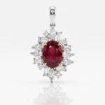 Oval red gem pendant set in white metal with gold prongs, surrounded by diamonds in a radiating floral cluster
