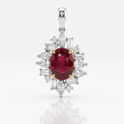 Oval red gem pendant set in white metal with gold prongs, surrounded by diamonds in a radiating floral cluster