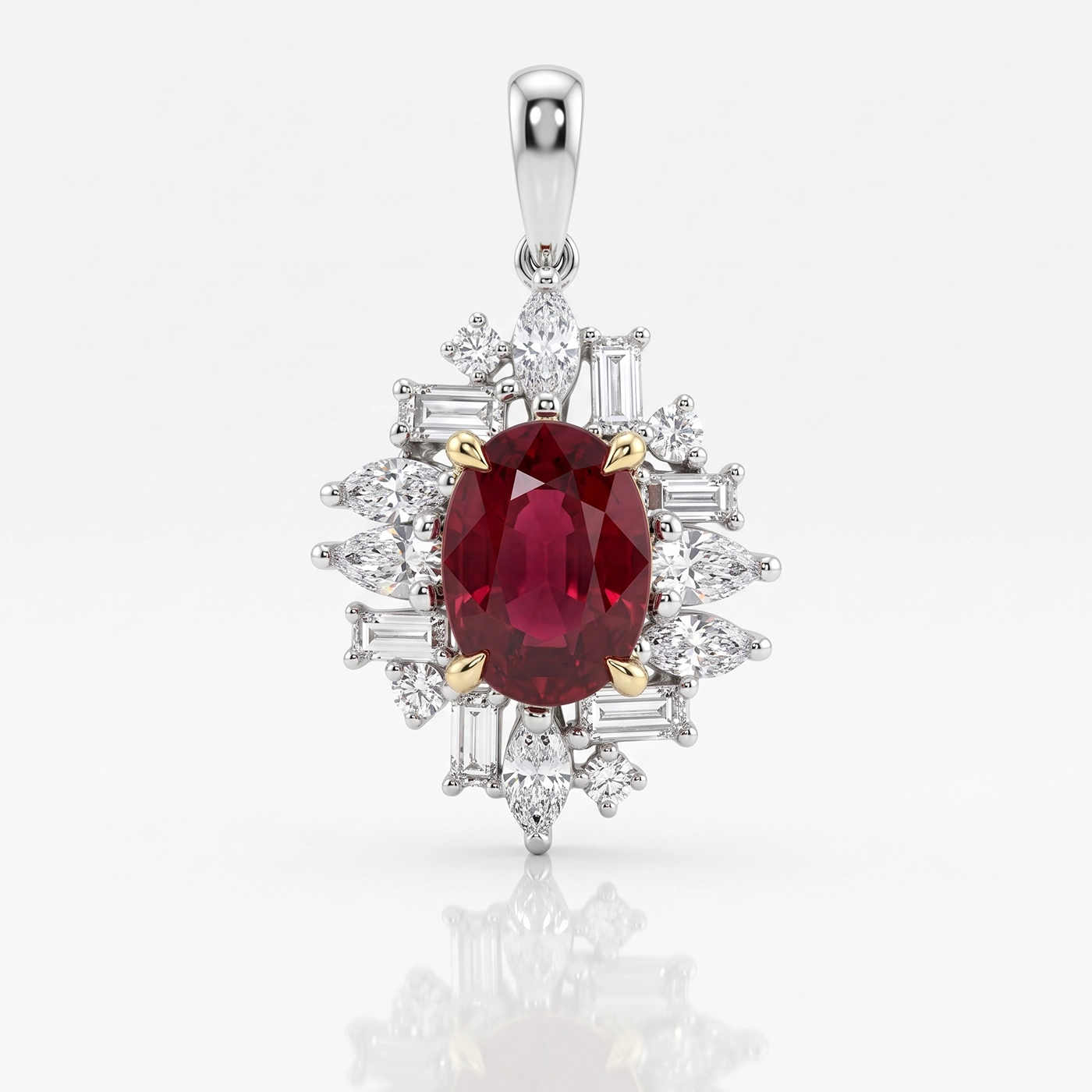 Висулка с диаманти DITANI - DITANI Oval red gem pendant set in white metal with gold prongs, surrounded by diamonds in a radiating floral cluster