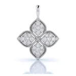 Diamond-studded four-leaf clover pendant in white metal with a top bail for a chain.