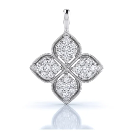 Diamond-studded four-leaf clover pendant in white metal with a top bail for a chain.
