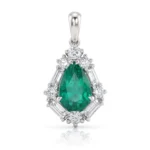 Teardrop emerald pendant surrounded by a halo of diamonds in a white-gold setting.