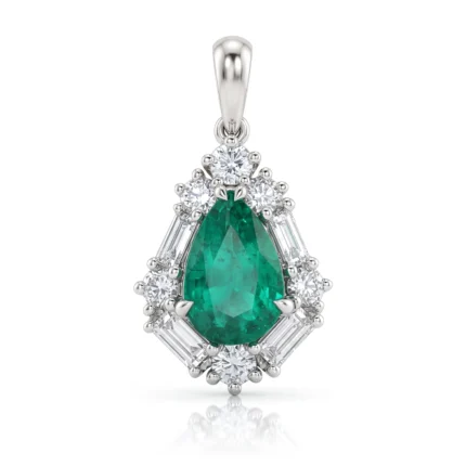 Teardrop emerald pendant surrounded by a halo of diamonds in a white-gold setting.