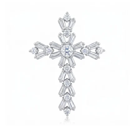 Cross-shaped diamond pendant with a central round diamond and baguette-cut stones in a white-gold setting